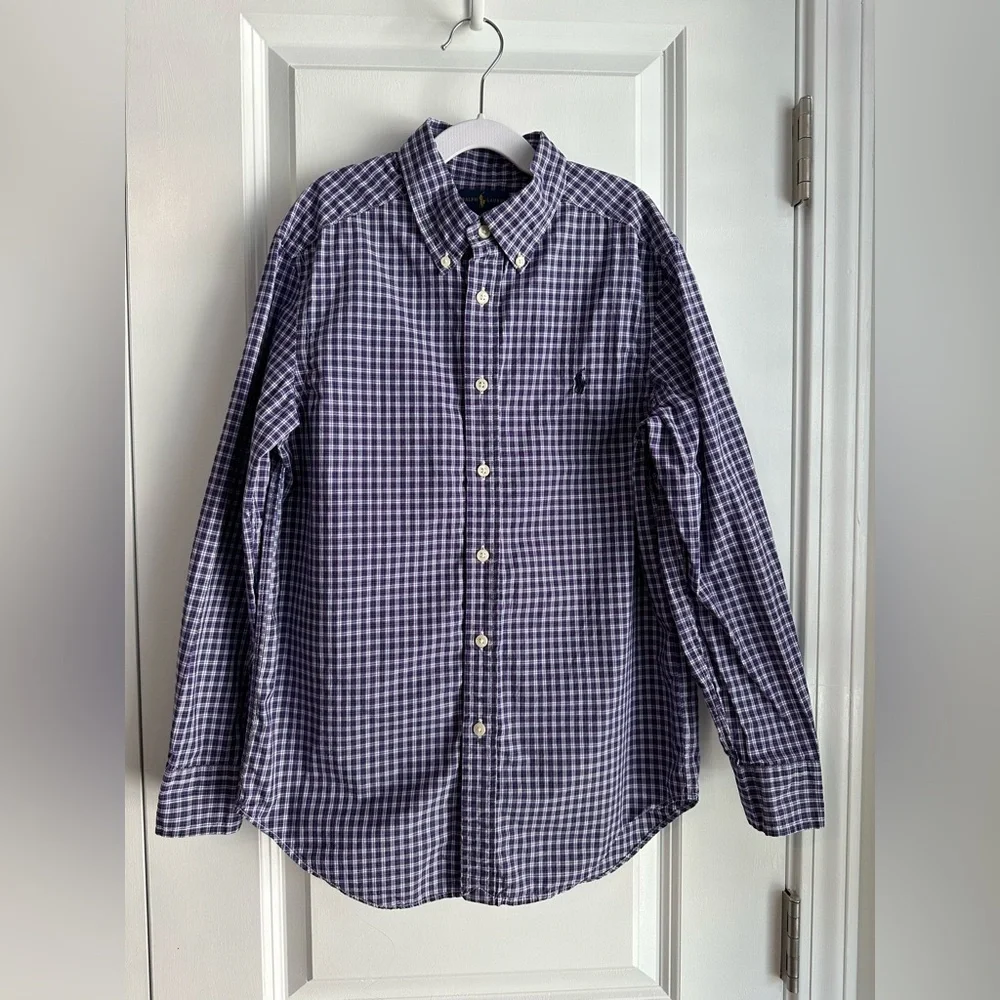Ralph Lauren Boys Purple Blue Plaid Cotton Button Down Shirt Size M/10-12